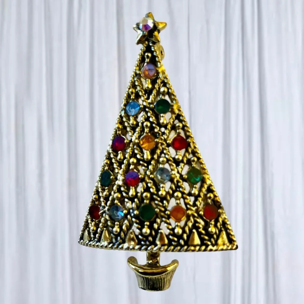 HOLLYCRAFT Vintage Christmas Tree Brooch Pin Multi-Color Rhinestones Signed